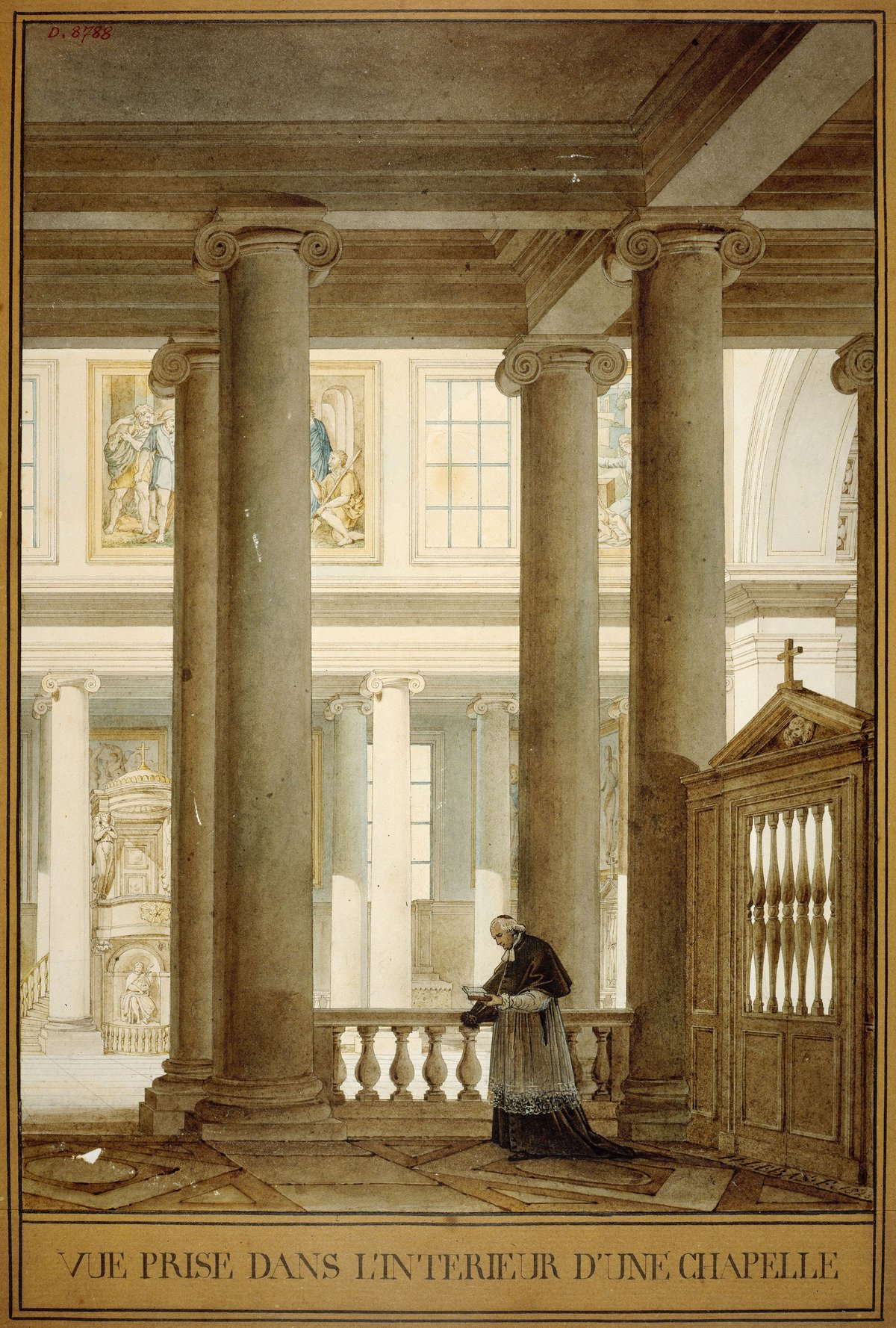 Interior view of Notre-Dame de Lorette church in Paris, detailed ink and watercolor drawing by Louis-Hippolyte Lebas