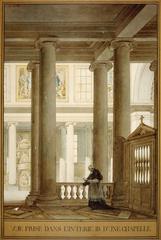 Interior view of Notre-Dame de Lorette church in Paris, detailed ink and watercolor drawing by Louis-Hippolyte Lebas