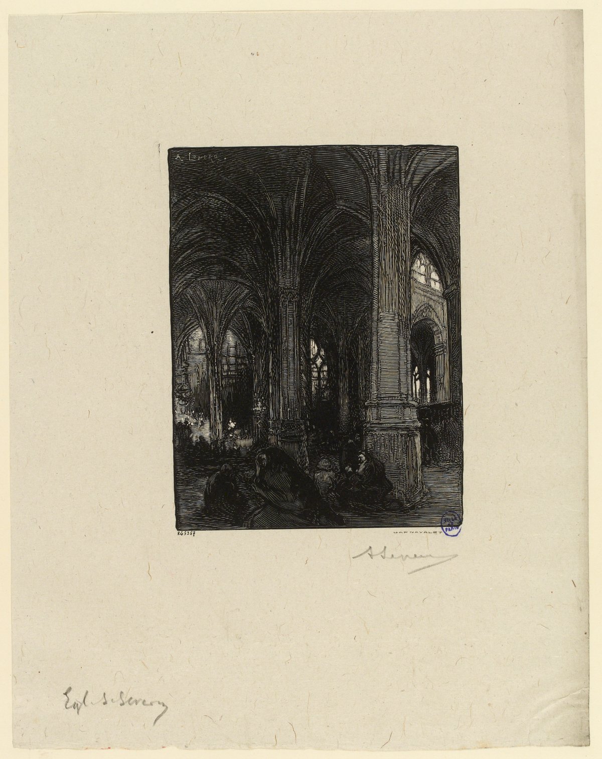 Interior view of Saint-Séverin Church showing Gothic baroque architecture with women and children seeking refuge at the base of columns