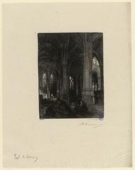 Interior view of Saint-Séverin Church showing Gothic baroque architecture with women and children seeking refuge at the base of columns