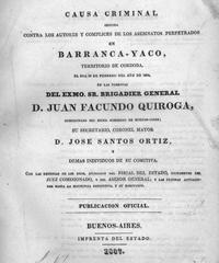 Historical criminal case document investigating the death of Facundo Quiroga in Barranca Yaco