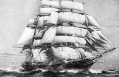 Cutty Sark sailing with full sails in a black and white painting by Jack Spurling