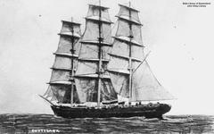 Clipper ship Cutty Sark sailing with full sails on water