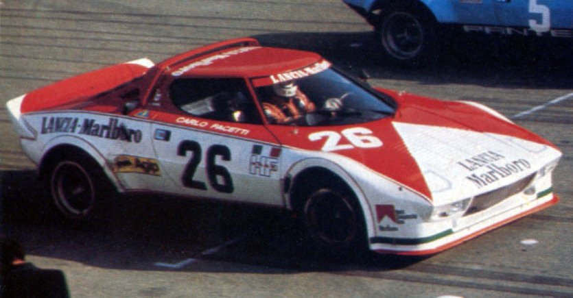 Lancia Stratos HF 2.4 V6 race car at start of 1975 European GT Championship Imola round