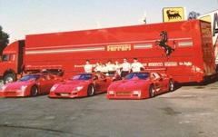 Three classic Ferrari race cars at Imola including Ferrari 308 GT/M, Ferrari F40 LM, and Ferrari GTO Evoluzione, circa 1990
