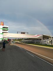 Rainbow over a straight road surrounded by green vegetation