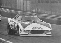 Carlo Facetti driving Lancia Stratos HF 2.4 V6 Marlboro race car at 1975 Imola European GT Championship