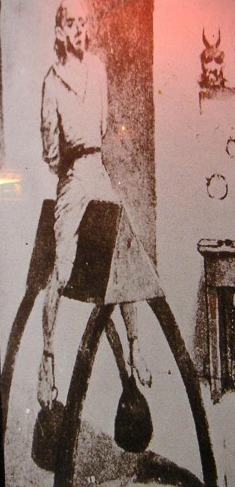 Early woodcutting of a Spanish torture and execution machine called the Spanish Donkey