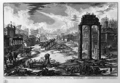 Detailed antique etching of a grand Roman architectural scene