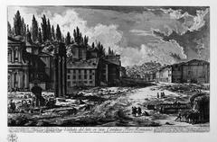 Etching of an ancient Roman architectural scene with elaborate columns and ruins