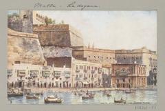 View of Malta coastline with pier and custom house around 1900