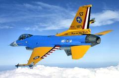USAF F-16C block 25 fighter jet with special 90th anniversary squadron paint scheme flying