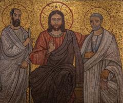 Christ statue between Sts Peter and Paul statues at the Tomb of Emperor Otto II in Vatican Grottoes