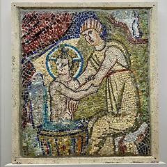Ancient mosaic fragment depicting the infant Christ being washed by a midwife