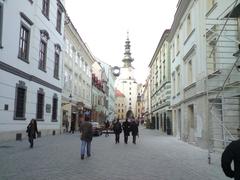 Michalská Street tower in Bratislava with historic architecture under clear sky