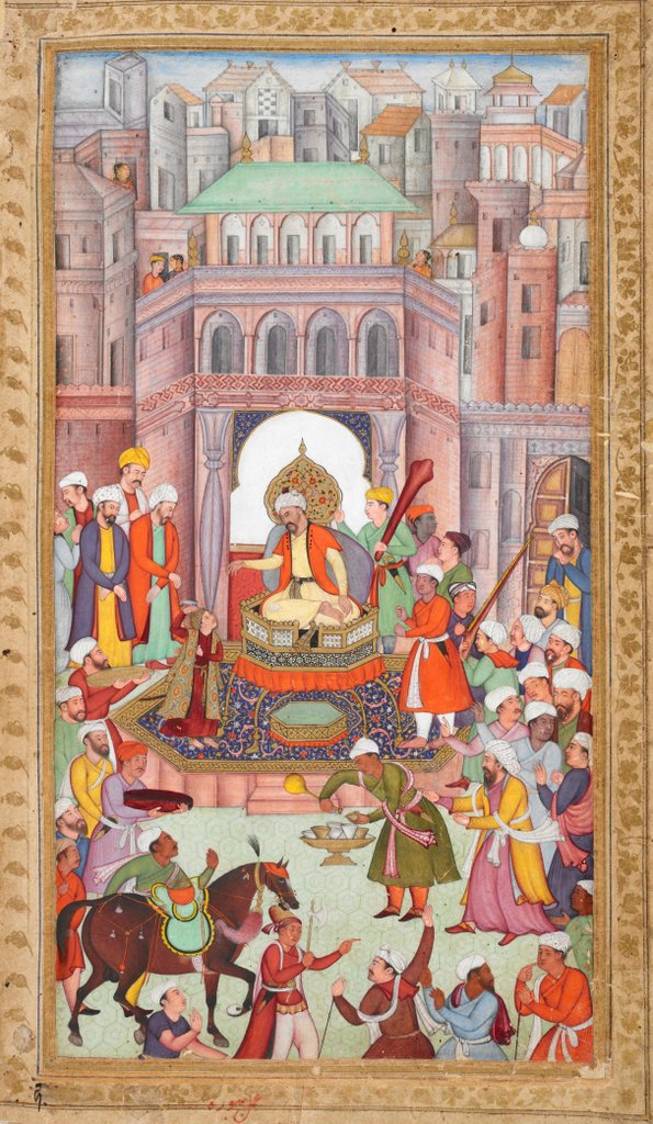 Mughal style party in pillared porch of Sultan Ibrahim's private apartments in Agra with gift presentation to officers in 1526