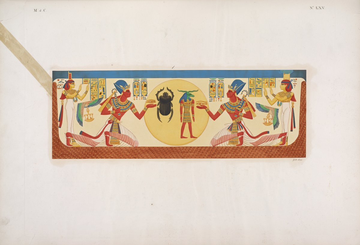 Ancient Egyptian artwork depicting Ramses X with sun god in ram-headed and beetle forms