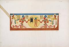 Ancient Egyptian artwork depicting Ramses X with sun god in ram-headed and beetle forms