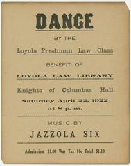 1922 flyer advertising dance by Loyola Freshman Law Class at Knights of Columbus Hall with Jazzola Six band