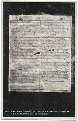 Postcard featuring a poem by Ferdinando Miraglia dated November 2, 1867 about the Capuchin Catacombs of Palermo
