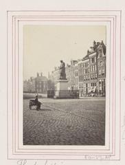 Historical Botermarkt (now Rembrandtplein) with the statue of Rembrandt viewed towards Reguliersgracht canal in Amsterdam, circa 1865