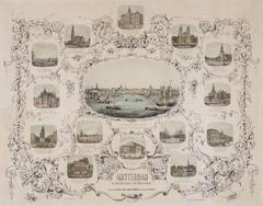 Collection of 14 lithographs depicting famous buildings and scenes in Amsterdam circa 1871