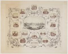 Lithograph view of Amsterdam cityscape from the IJ river with Palace on the Dam circa 1870
