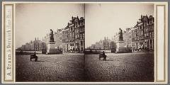 Statue of Rembrandt at Botermarkt (Rembrandtplein) with Thorbeckeplein buildings and canals in Amsterdam, 1864
