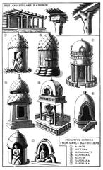 Primitive shrines with hunt and pillars bas-reliefs in Kashmir, depicting early Buddhist art styles from Sanchi, Muttra, Amaravati, and Gandhara