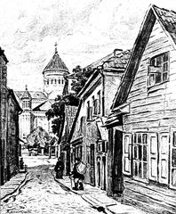 Street view of Vilnia showing the Pračyścienskaja Street and the Church of the Immaculate Conception under Moscow reconstruction in 1918