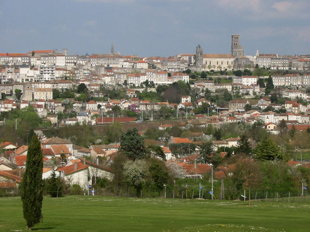 View of Angoulême city and its historic cathedral from l'Hirondelle golf course
