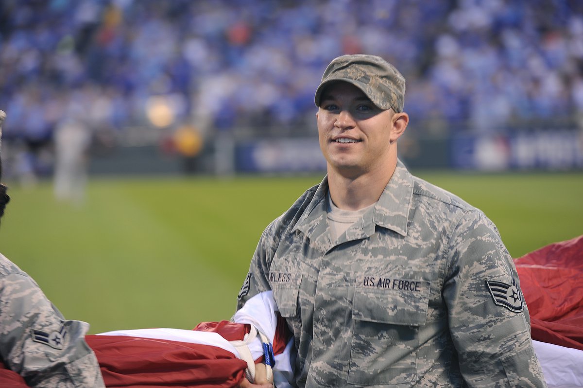 Airmen of Whiteman Air Force Base presenting the nation's flag at Kauffman Stadium during the pre-game ceremony for the hometown Royals