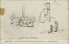 Sketch of figures and a cart in front of a house in Scheveningen by George Hendrik Breitner