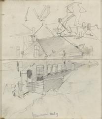 Pencil sketch of houses and horse legs in Scheveningen with annotations and color notes from George Hendrik Breitner's sketchbook pages 3 and 4, circa 1880-1882