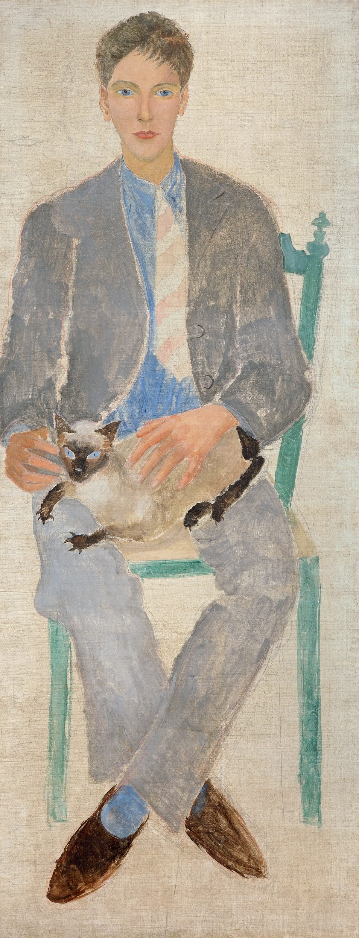Painting of a boy holding a cat by Christopher Wood