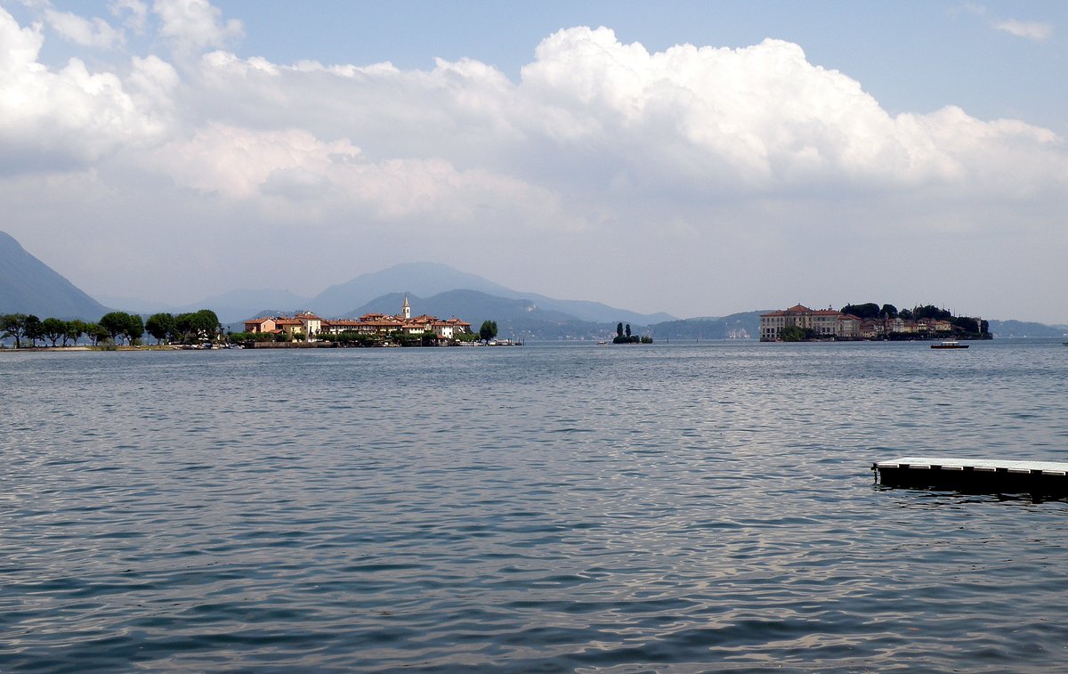 Isola Bella and Isola dei Pescatori islands on Lake Maggiore viewed from the shore near Stresa, Italy