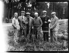 Group of five early 20th century race car drivers at Circuit de la Sarthe, including Wagner, Chassagne, Guyot, Stoffel and Boillot