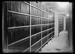Vintage film reels on shelves at the Cinémathèque in Palais du Trocadéro, Paris 1932