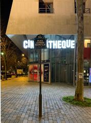 Street sign and cinémathèque at Place Léonard-Bernstein in Paris