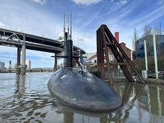USS Blueback submarine docked on the Willamette River at Oregon Museum of Science and Industry with Marquam Bridge in the background