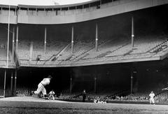 Detroit Tigers pitcher Ned Garver pitching at near-empty Tiger Stadium in 1955