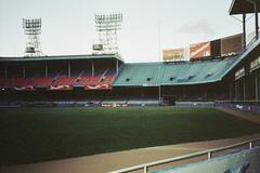 Panorama of Tiger Stadium in Detroit, Michigan during a sunny day with a full crowd