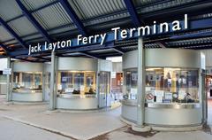 Wide view of Jack Layton Ferry Terminal with waterfront and boats