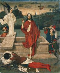 Resurrection painting by Dieric Bouts depicting Jesus Christ rising from the tomb with angels and witnesses