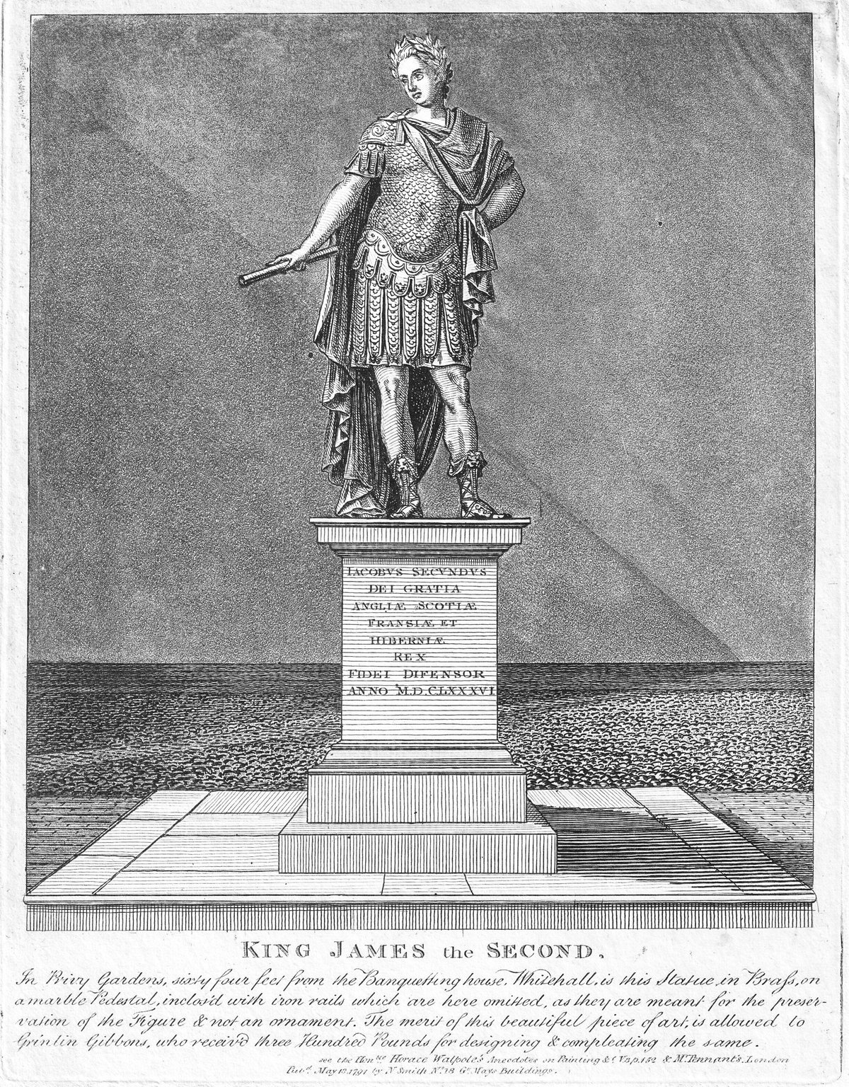 Engraving of the statue of King James II by N. Smith, 1791