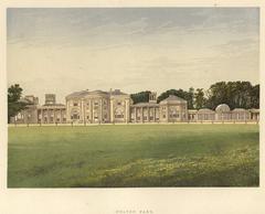 Heaton Hall in Heaton Park, Manchester, historic 1880 woodblock print