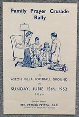 Front of a vintage flyer advertising Family Prayer Crusade Rally with Rev. Patrick Peyton at Aston Villa football ground on 15th June 1952
