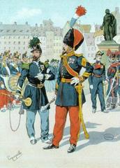 Military tattoo ceremony on Kleberplatz in Strasbourg, 1859, featuring drummers and commanding officers