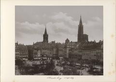 Panoramic view of Strasbourg with Place Kléber square in the foreground featuring historic buildings and cityscape