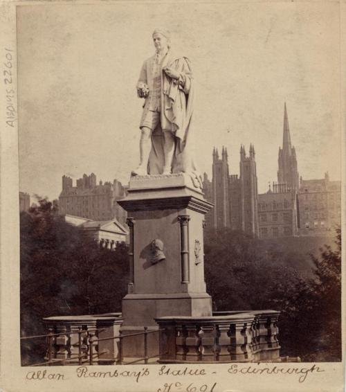 Black and white half-stereo photograph of Allan Ramsay statue at Kildrummy Castle